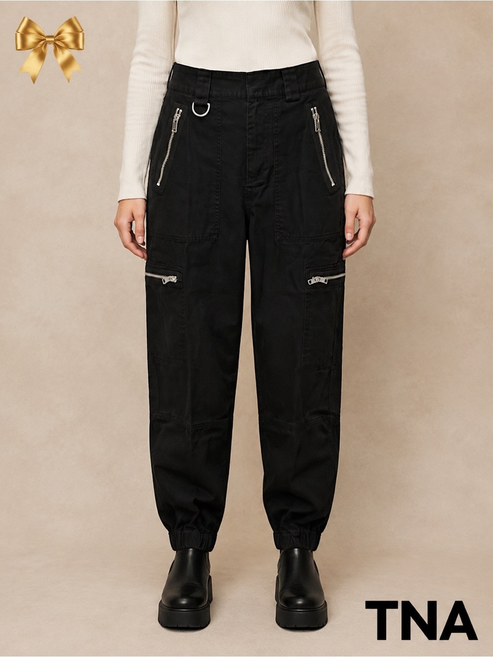 TNA Black Pants High Rise Cuffed Leg Hem Zippers Key Ring Cotton Size XS